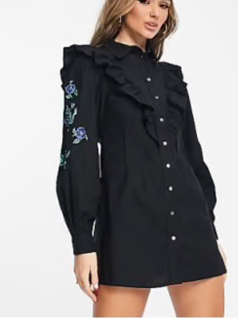 Y.A.S Black 100% Organic Cotton Embroidered Ruffle Mini Dress Size L